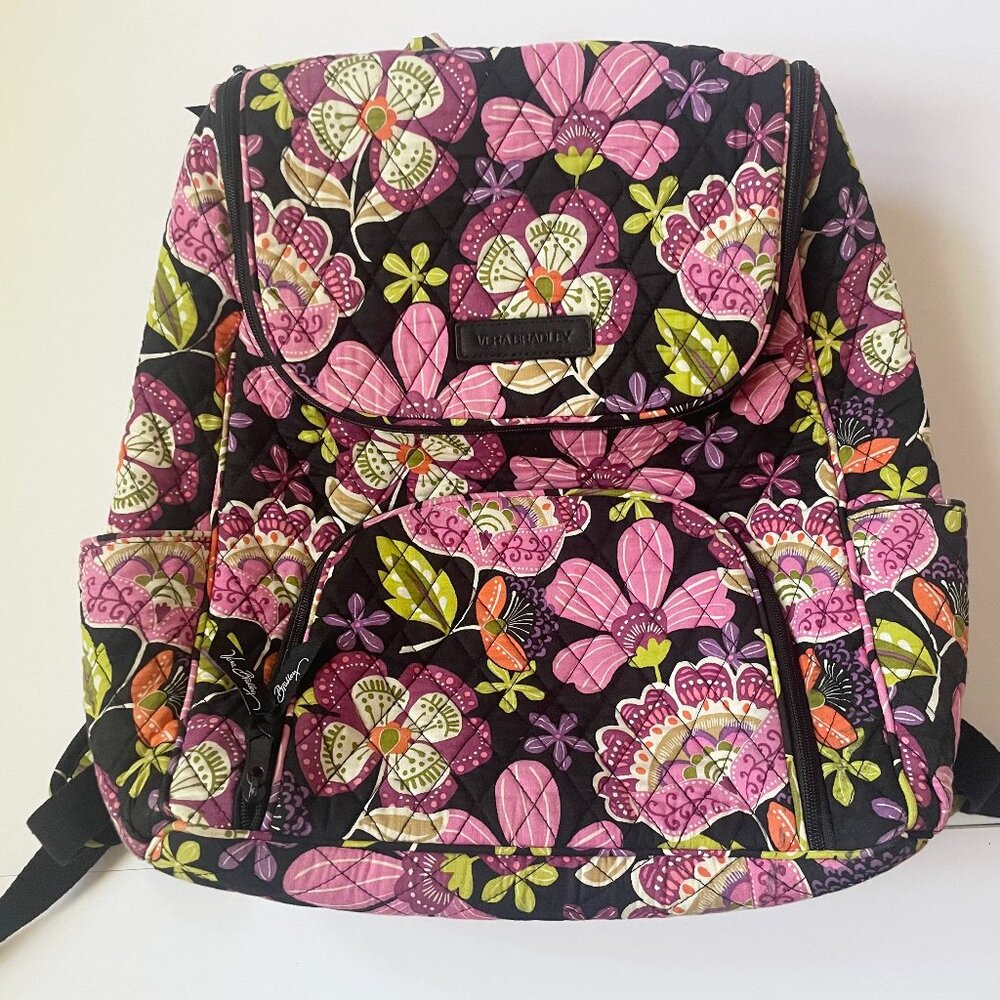 Vera Bradley Pink Pirouette Floral Quilted Backpack‎ 2 Zipper Purple Black